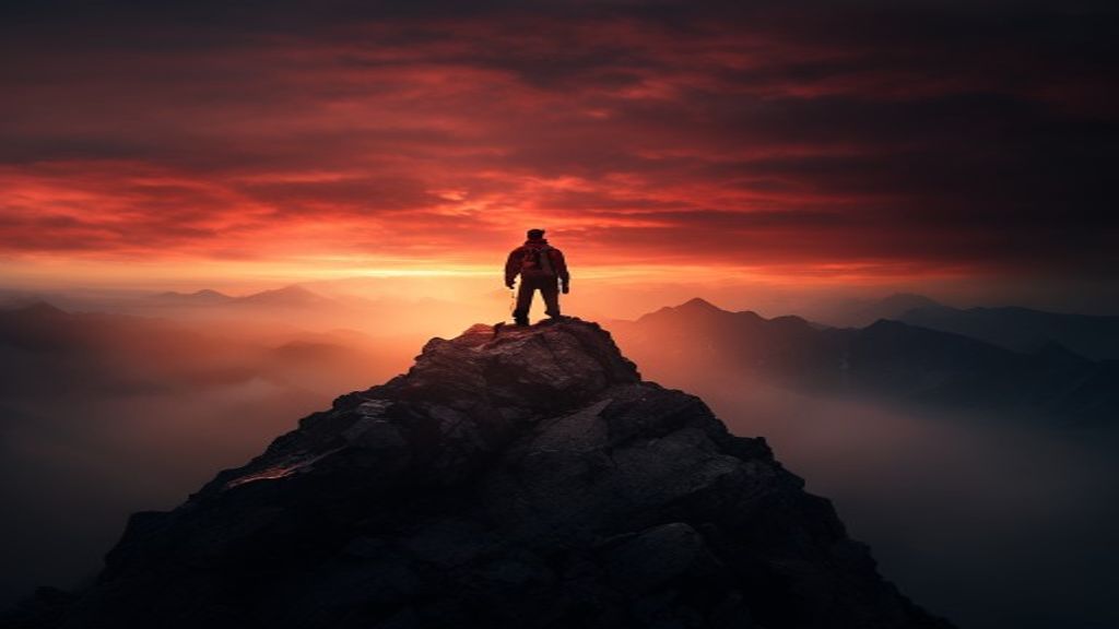 A lone climber reaching the summit at sunrise